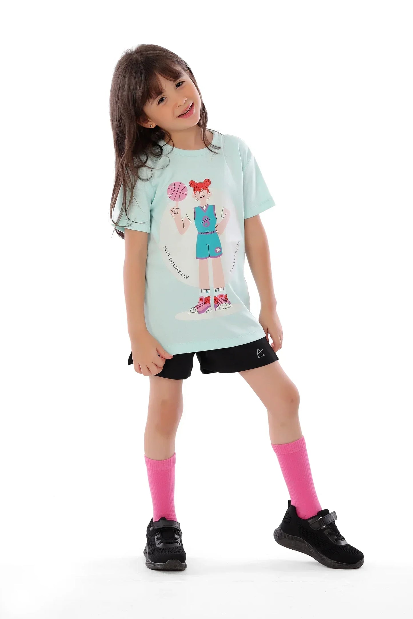 Girls Basketball Cartoon Graphic T-Shirt â€“ Sporty Kids Athletic Tee | ANJA Sportswear