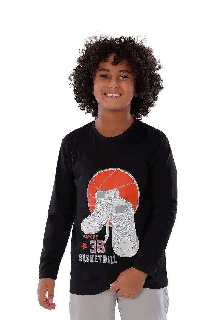 Boys Basketball Shoes & Ball Graphic Long Sleeve T-Shirt – Sporty Athletic Tee