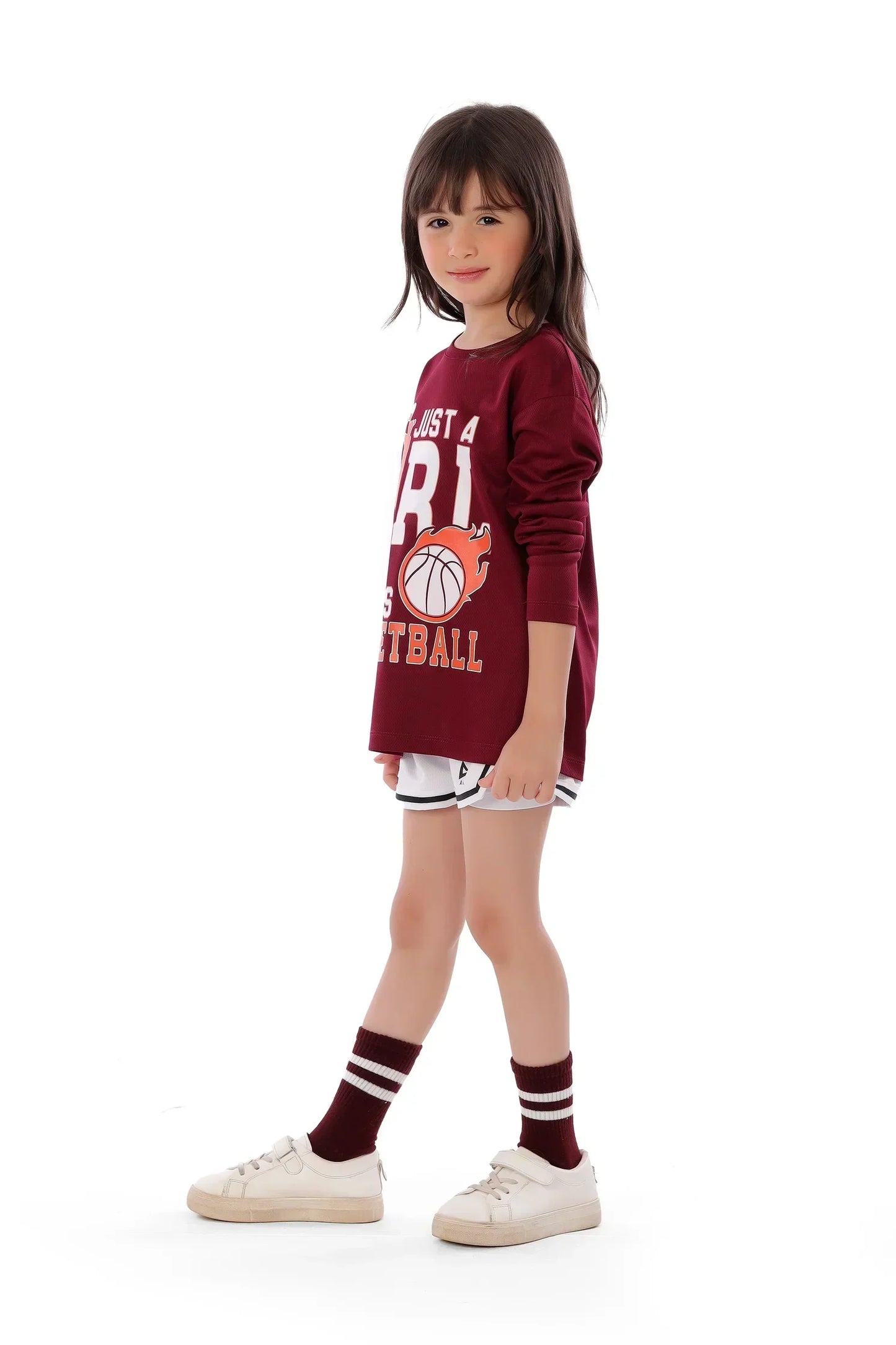 Girls Burgendy Basketball Long Sleeve T-Shirt – Sporty Athletic Top