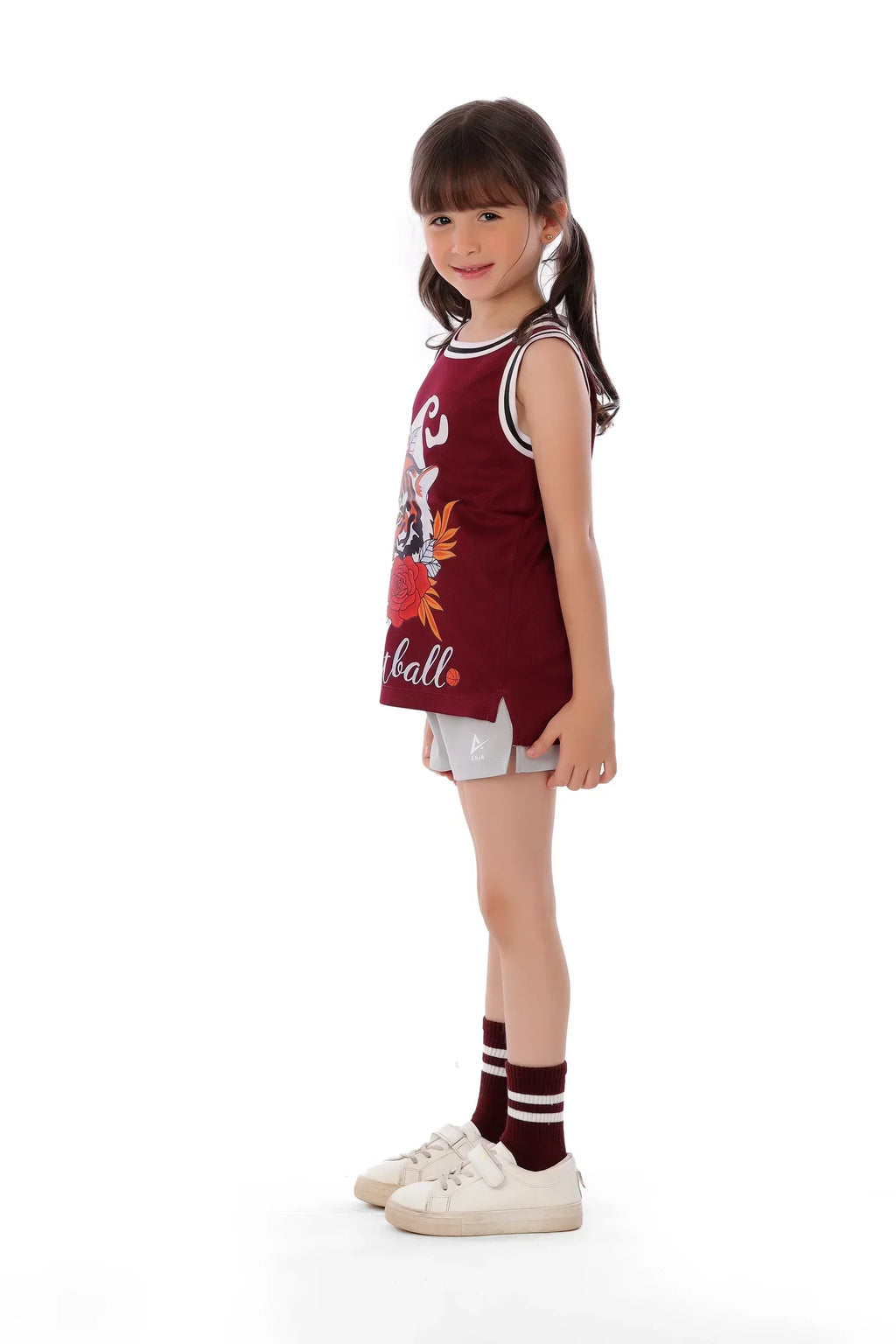 Girls Maroon Tiger Basketball Sleeveless T-Shirt â€“ Sporty Athletic Top | ANJA Sportswear