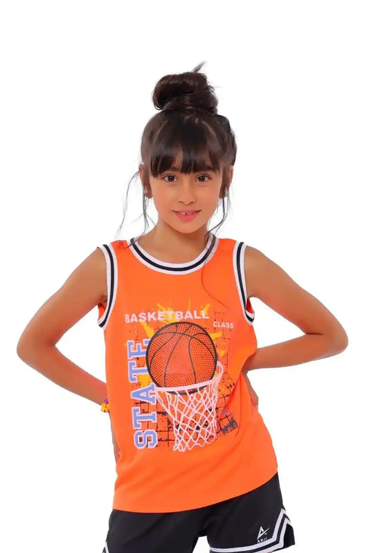 Girl wearing an orange basketball jersey with a graphic design on a white background