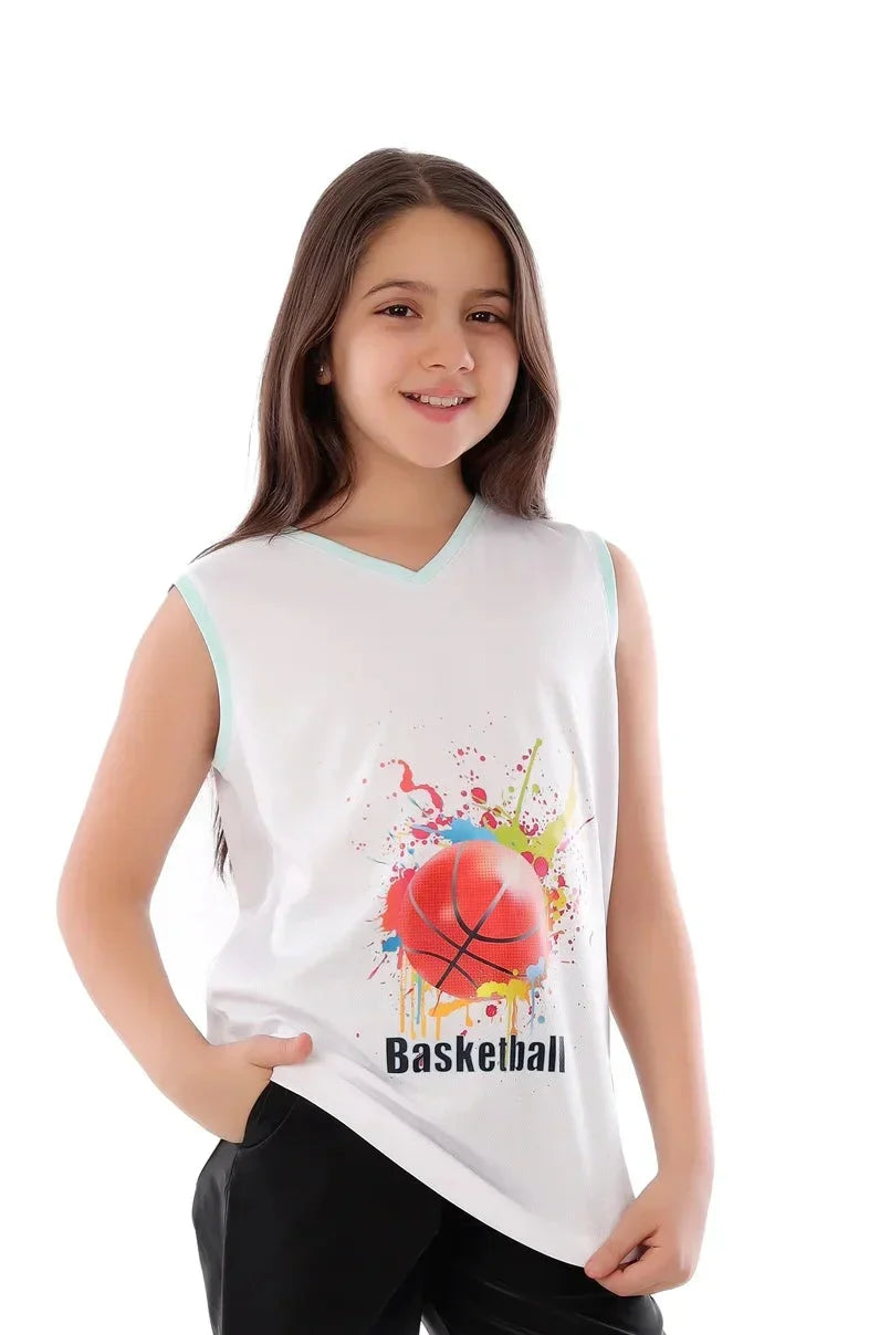 Girls White Splash Basketball Graphic Tank – Sporty Sleeveless T-Shirt