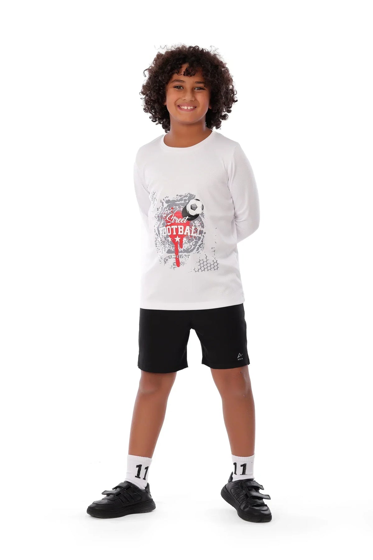 Boys White Street Football Long Sleeve T-Shirt â€“ Sporty Graphic Top | ANJA Sportswear
