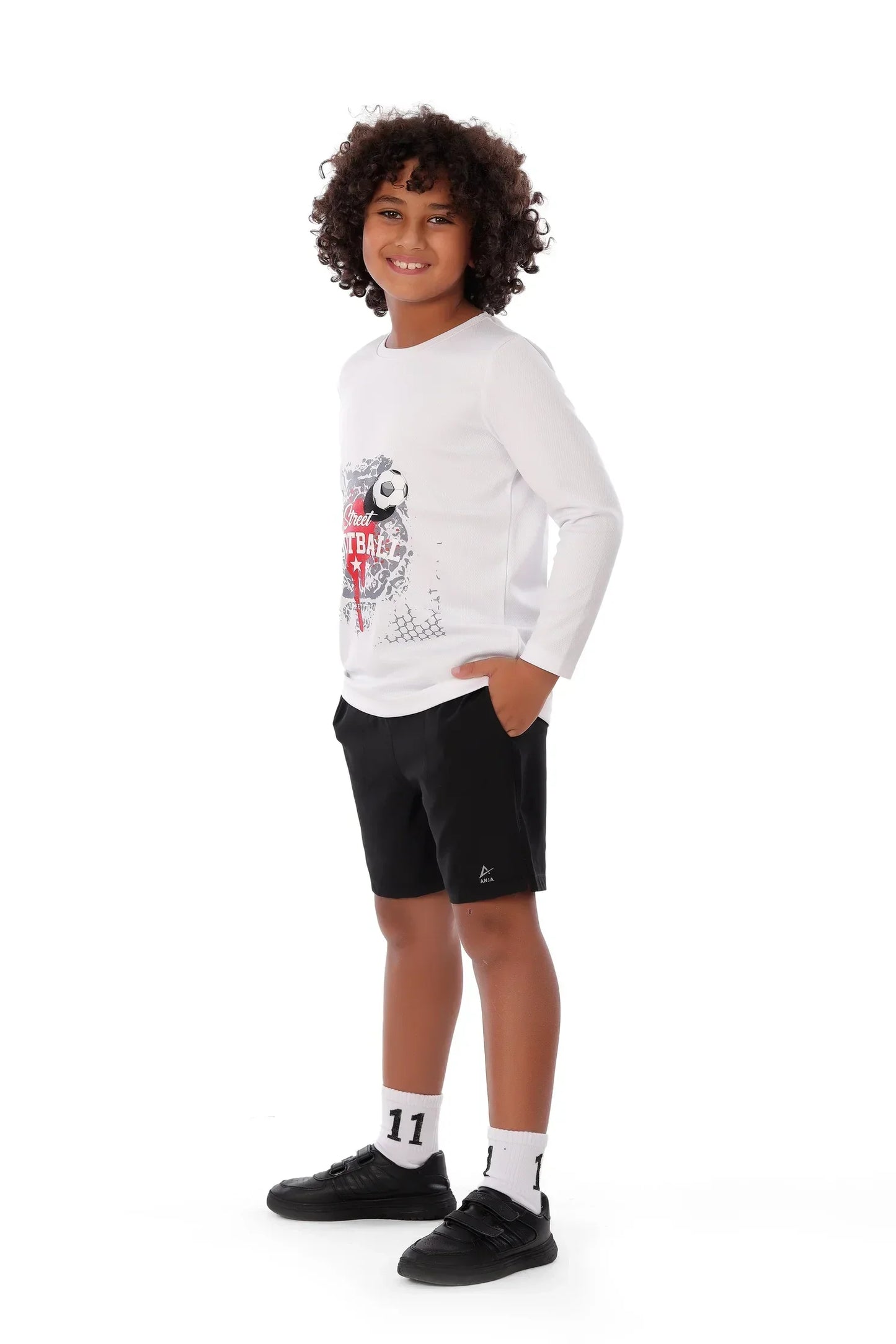Boys White Street Football Long Sleeve T-Shirt â€“ Sporty Graphic Top | ANJA Sportswear