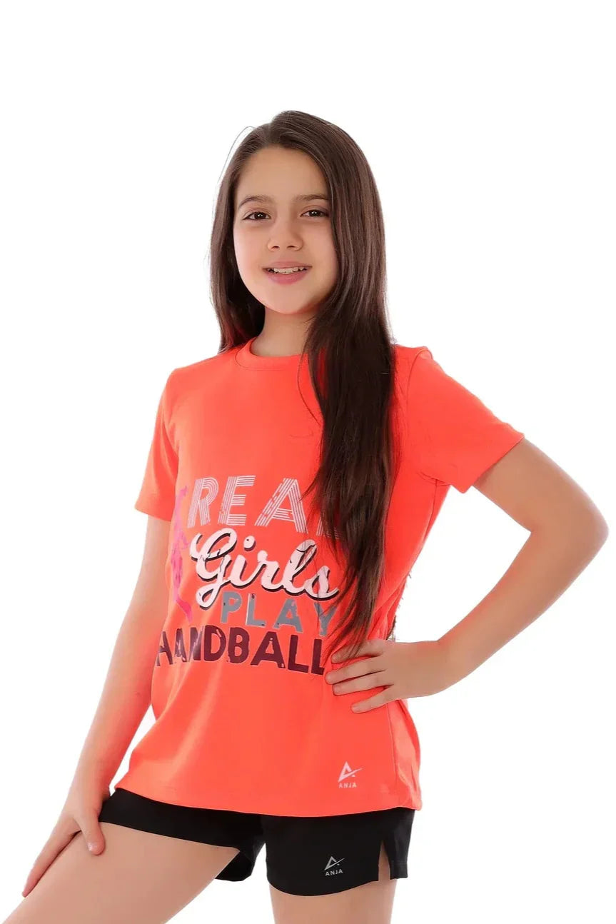 Girls Neon Orange Real Girls Play Handball T-Shirt â€“ Sporty Athletic Top | ANJA Sportswear