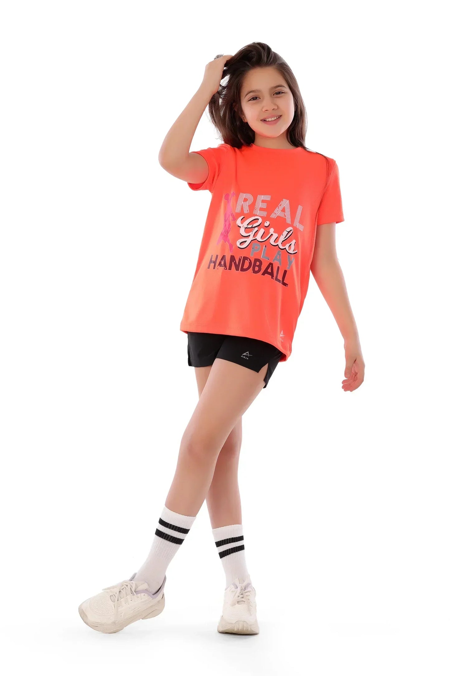 Girls Neon Orange Real Girls Play Handball T-Shirt â€“ Sporty Athletic Top | ANJA Sportswear