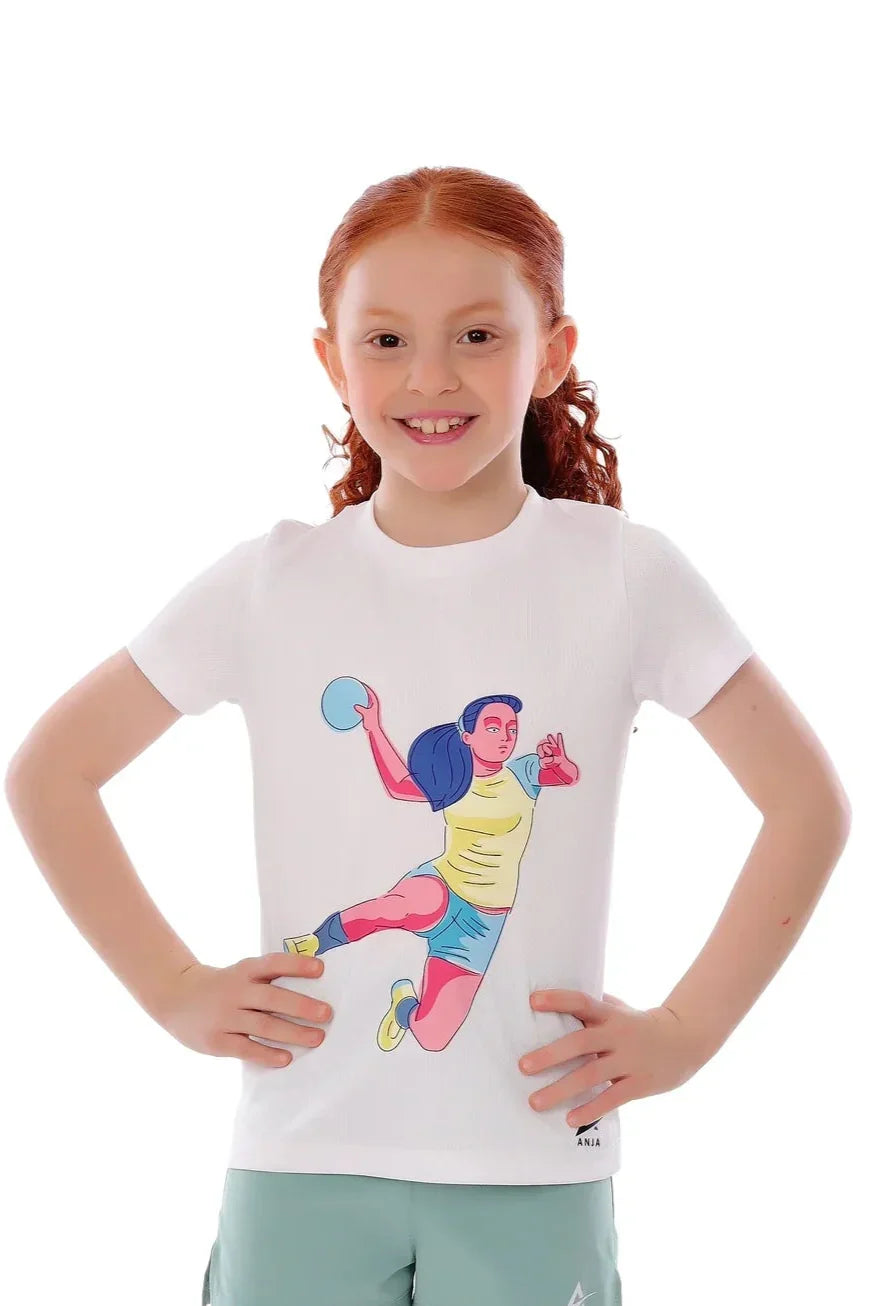 Girls White Handball Player Graphic T-Shirt â€“ Sporty Athletic Top | ANJA Sportswear