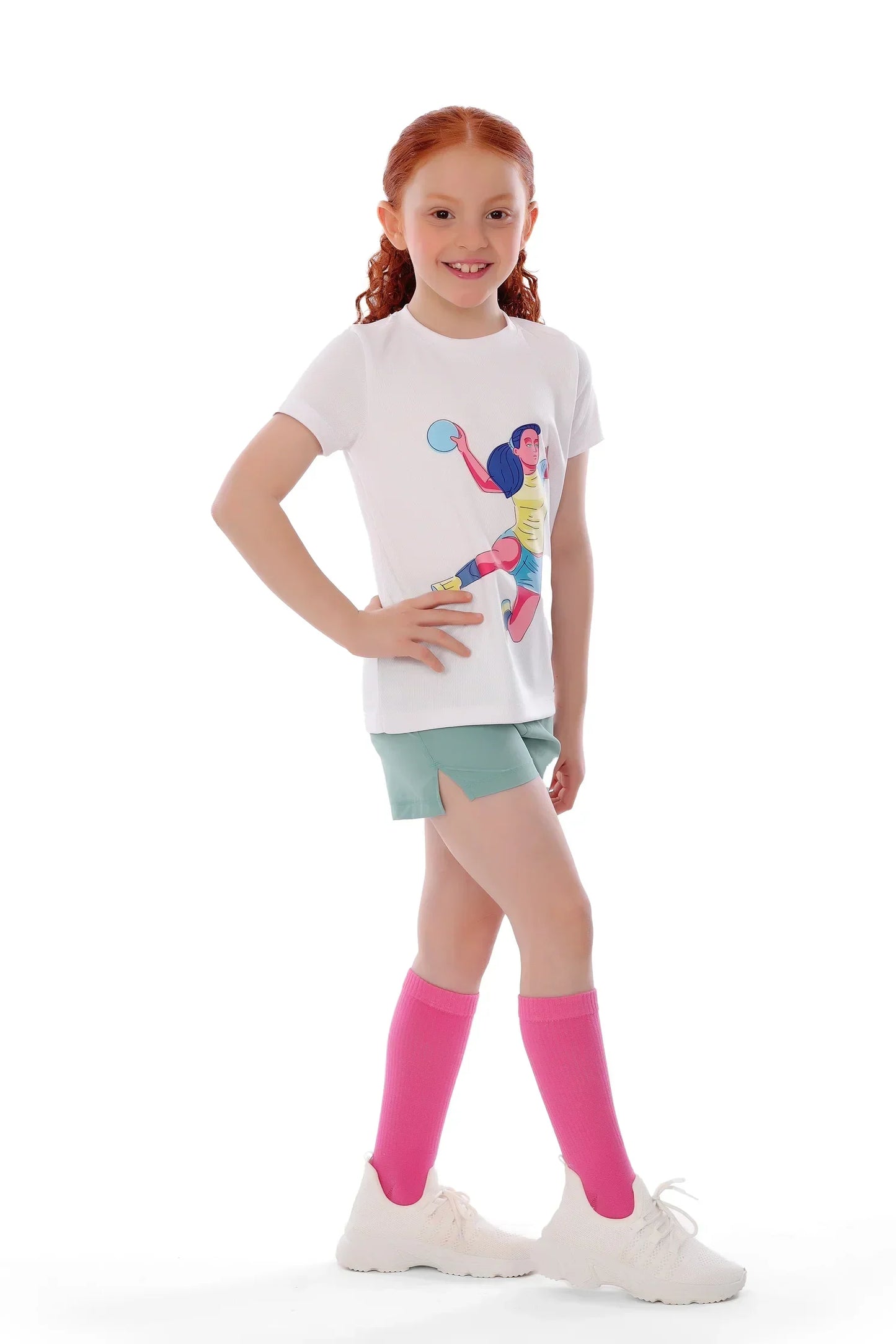 Girls White Handball Player Graphic T-Shirt â€“ Sporty Athletic Top | ANJA Sportswear