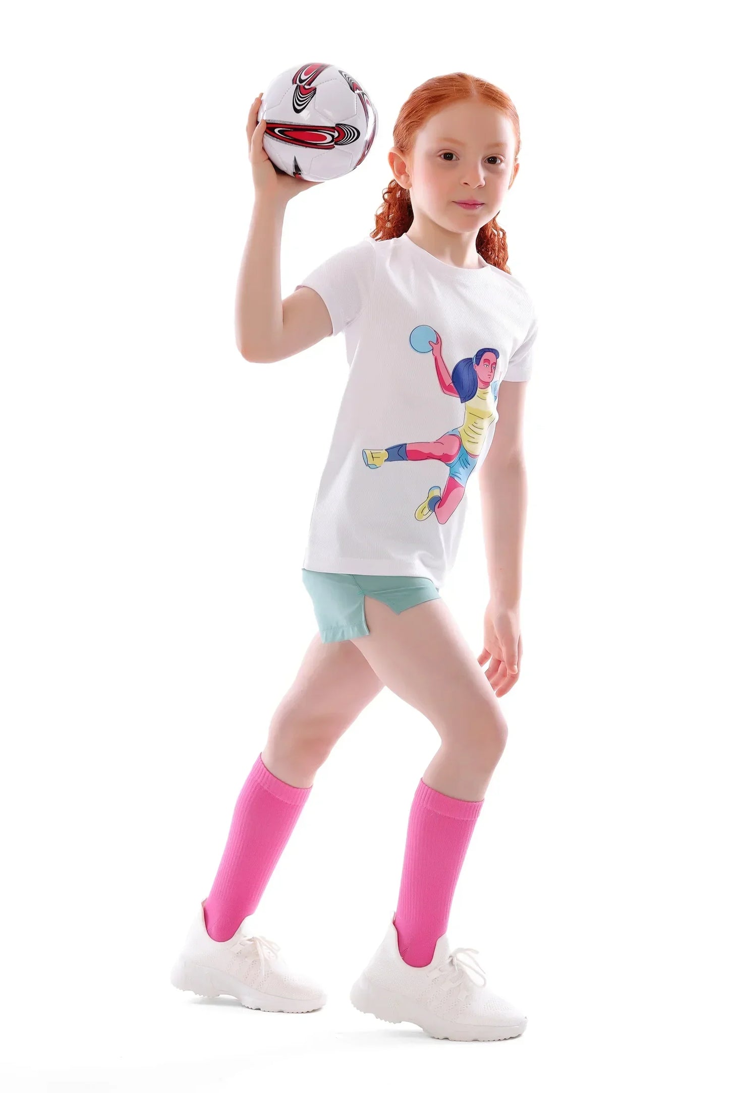 Girls White Handball Player Graphic T-Shirt â€“ Sporty Athletic Top | ANJA Sportswear