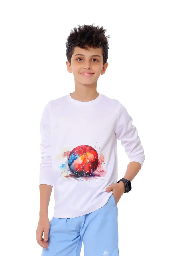 Boys White Splash HandBall T-Shirt – Sporty Long Sleeve Top