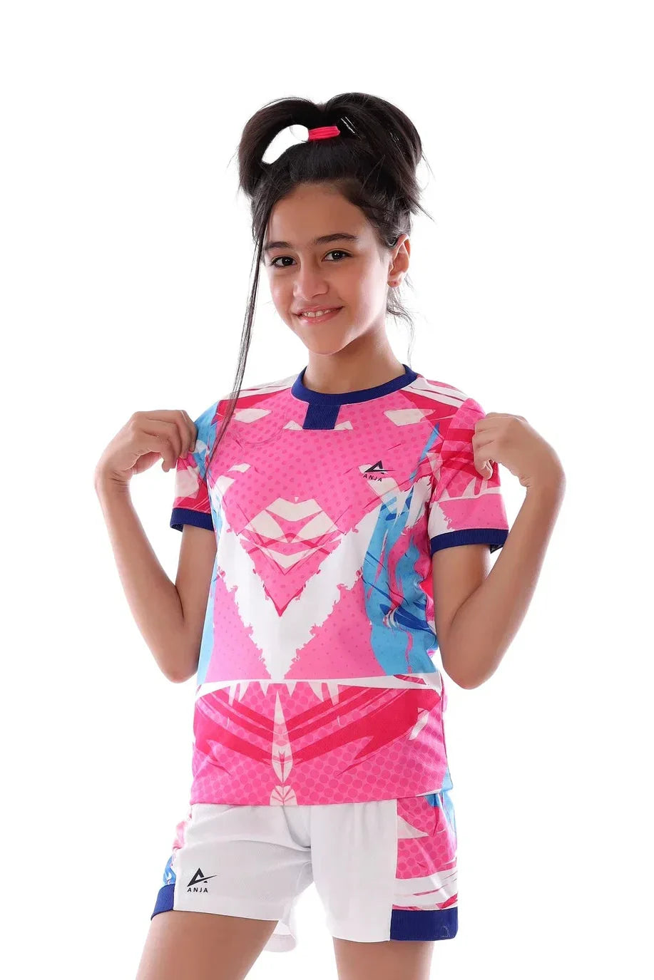 Girls Pink & Blue Graphic Sports Kit â€“ Athletic T-Shirt and Shorts Set | ANJA Sportswear