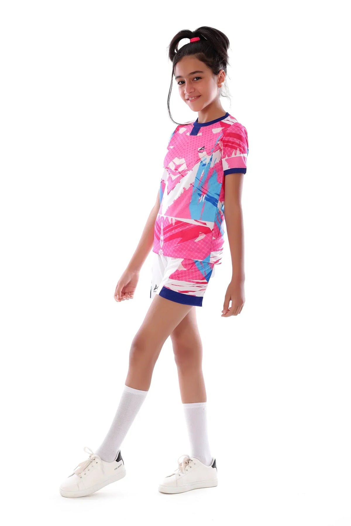 Girls Pink & Blue Graphic Sports Kit â€“ Athletic T-Shirt and Shorts Set | ANJA Sportswear