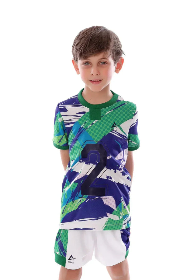 Boys Green & Blue Graphic  Sports Kit –  Athletic T-Shirt and Shorts Set