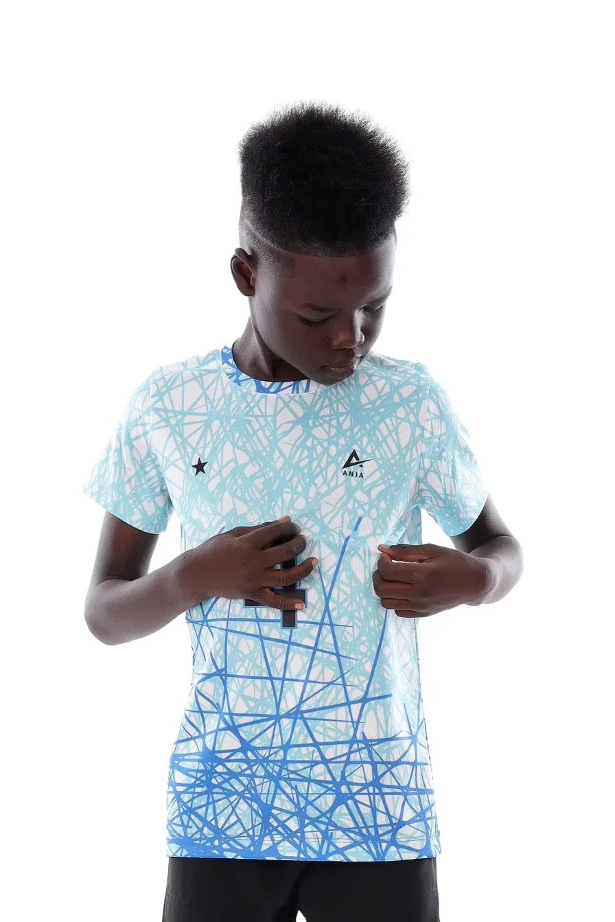 Boys Blue Print Performance T-Shirt â€“ Short sleeve Sporty Athletic Top | ANJA Sportswear