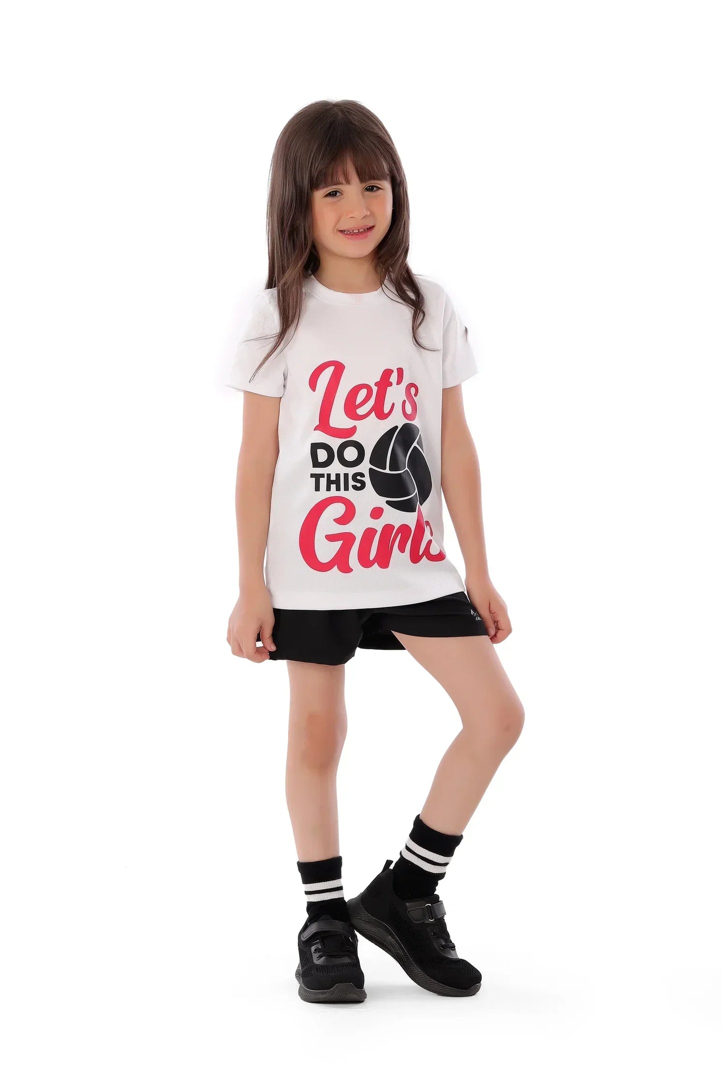 Young girl wearing a white t-shirt with text and graphics on a white background