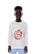 Boys White Volleyball Burst Graphic T-Shirt â€“ Sporty Long Sleeve Top | ANJA Sportswear
