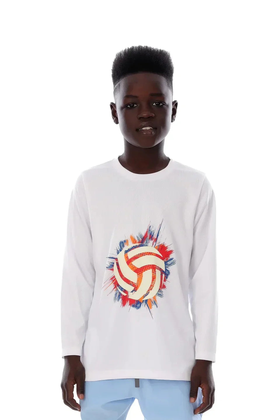 Boys White Volleyball Burst Graphic T-Shirt â€“ Sporty Long Sleeve Top | ANJA Sportswear