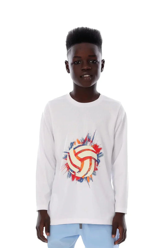 Person wearing a white long-sleeve shirt with a colorful volleyball design on a white background