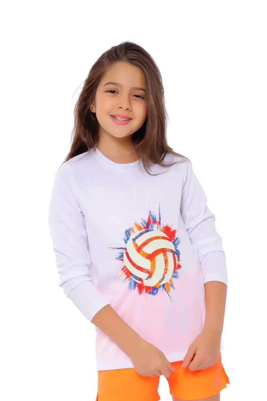 Girls White Volleyball Burst Graphic T-Shirt â€“ Sporty Long Sleeve Top | ANJA Sportswear