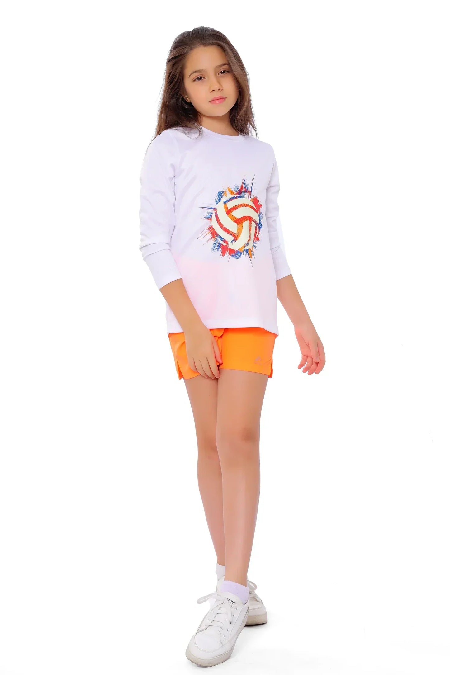 Girls White Volleyball Burst Graphic T-Shirt â€“ Sporty Long Sleeve Top | ANJA Sportswear