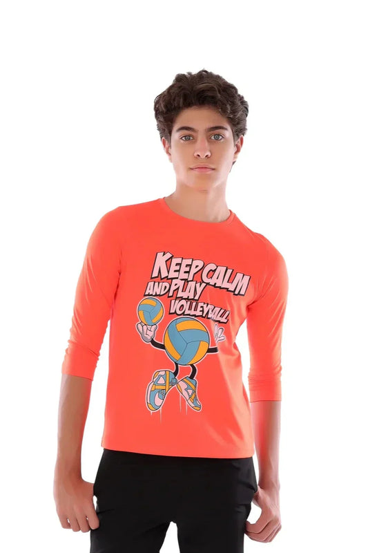 Person wearing an orange long-sleeve shirt with 'Keep Calm and Play Volleyball' text and graphics.