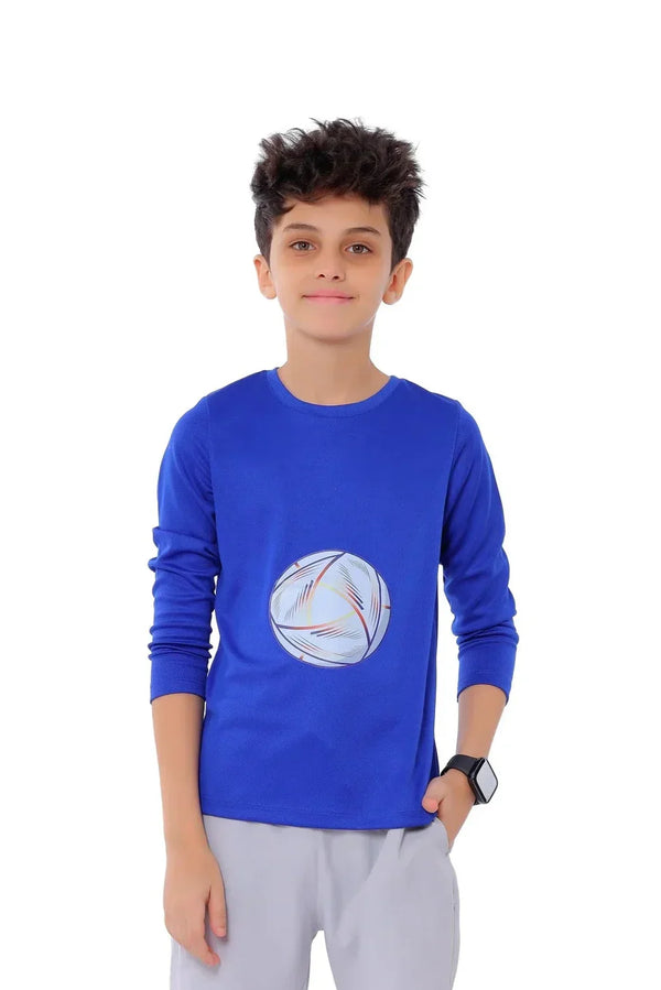 Child wearing a blue long-sleeve shirt with a graphic design on a white background