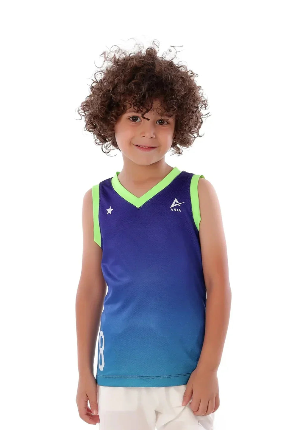 Child wearing a blue and green sports jersey with a visible brand logo on a white background