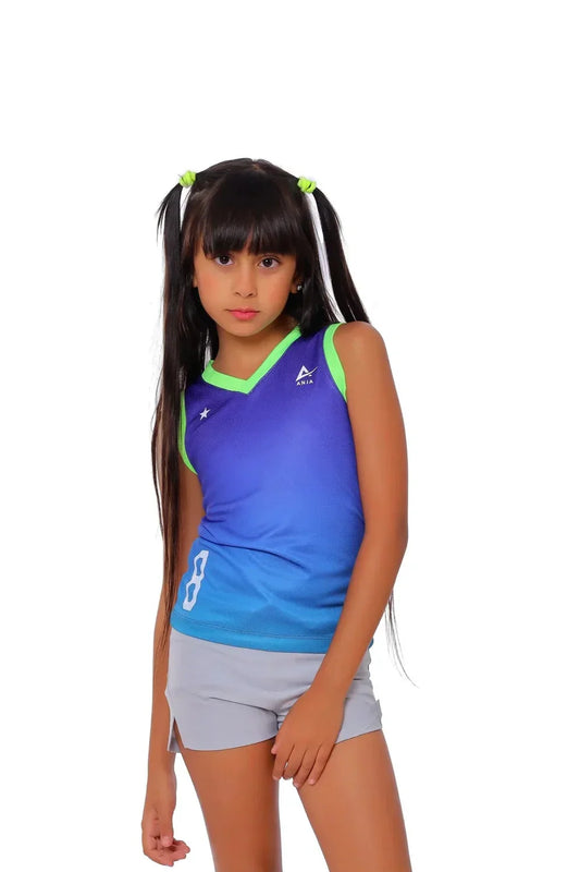 Child wearing a blue and green sports jersey with a white background