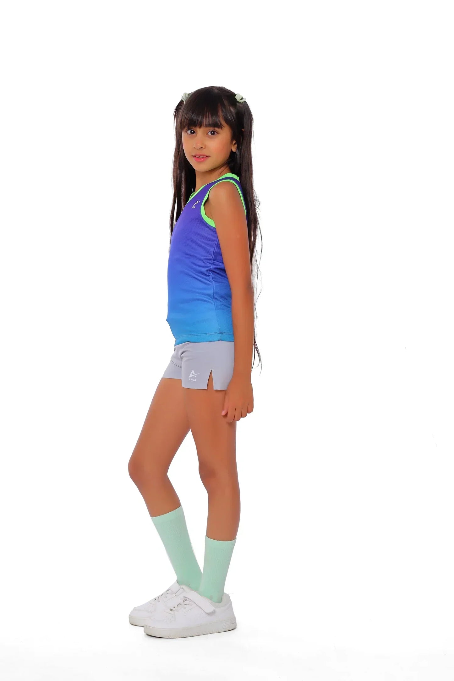 Girls Blue Ombre Sleeveless Jersey â€“ Neon Trim Sport Tank | ANJA Sportswear