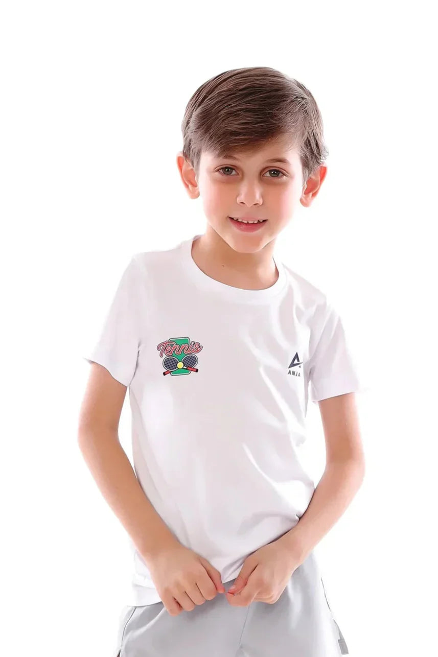 Child wearing a white t-shirt with a logo on a white background