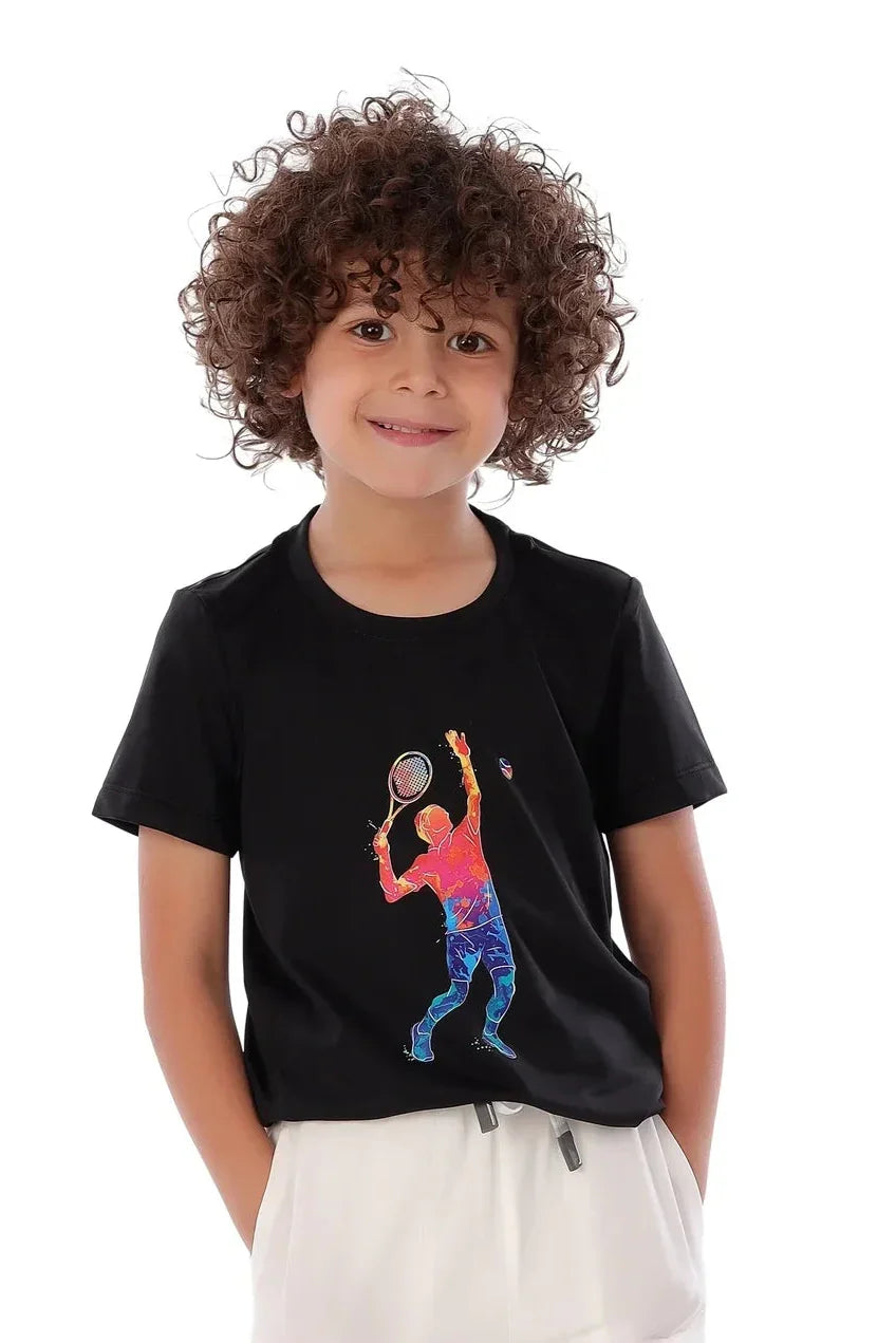 Child wearing a black t-shirt with a colorful graphic of a tennis player on a white background