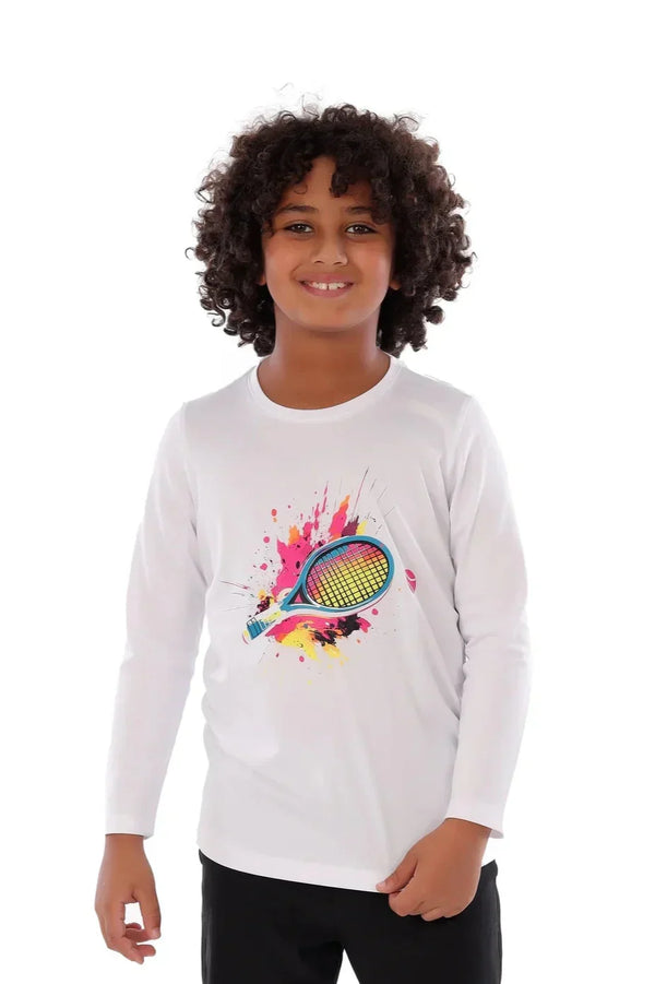 Child wearing a white long-sleeve shirt with a colorful tennis racket design on a white background