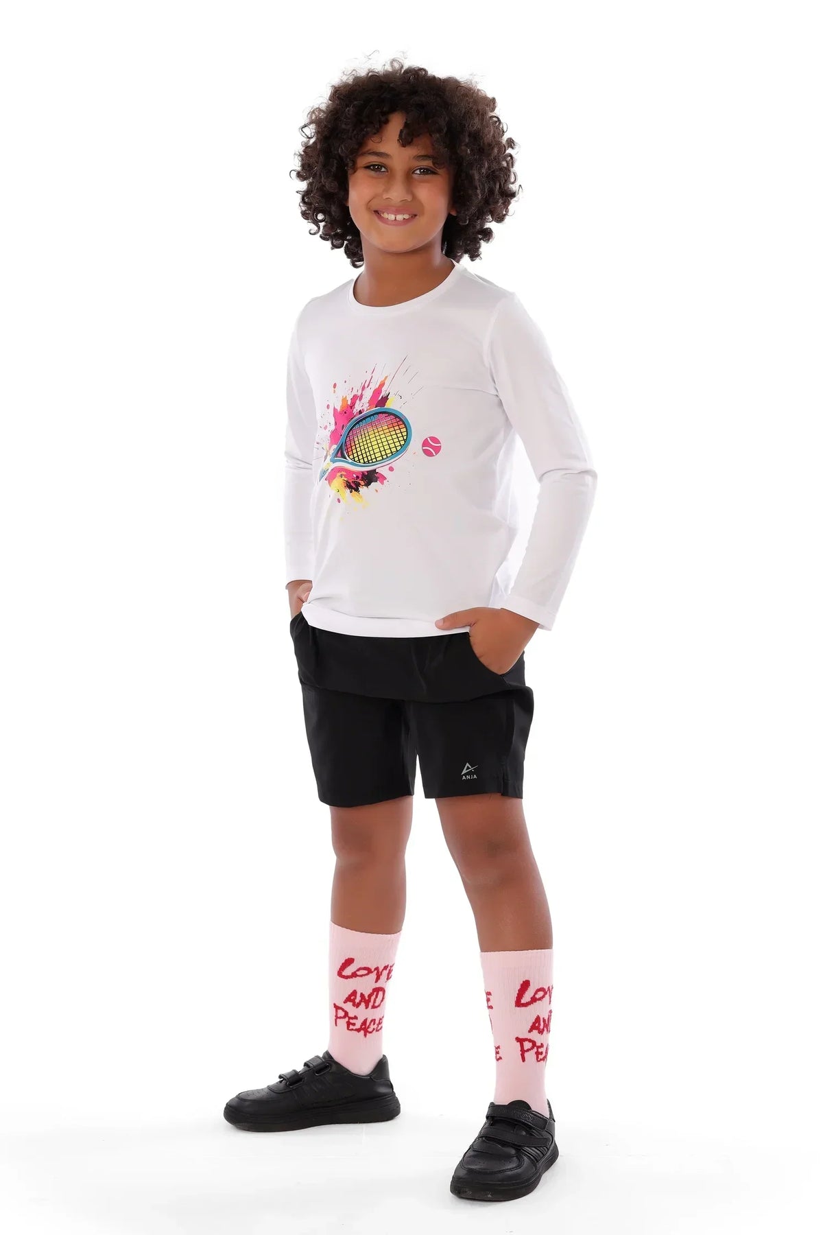 Boys White Neon Tennis Splash T-Shirt â€“ Sporty Long Sleeve Top for Kids | ANJA Sportswear