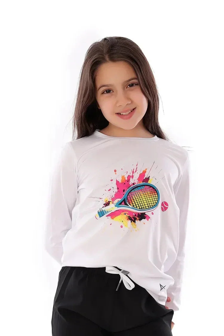 Girls White Neon Tennis Splash T-Shirt â€“ Sporty Long Sleeve Top for Kids | ANJA Sportswear