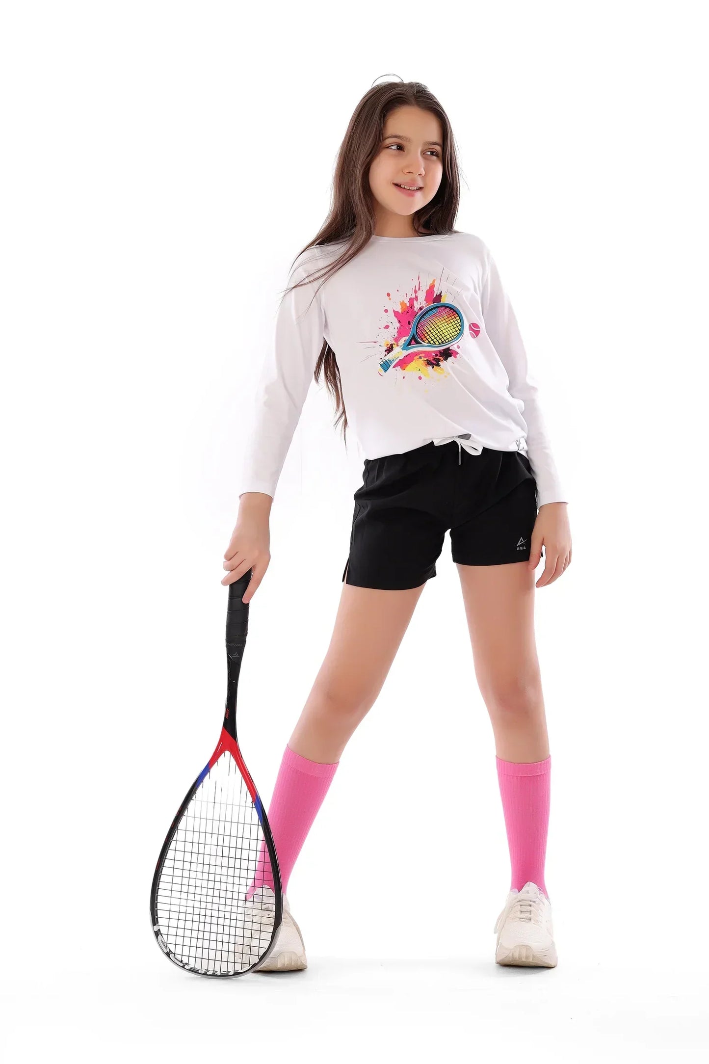 Girls White Neon Tennis Splash T-Shirt â€“ Sporty Long Sleeve Top for Kids | ANJA Sportswear