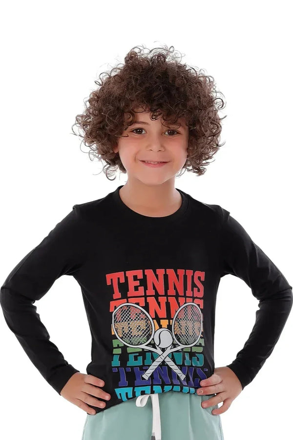Child wearing a black long-sleeve shirt with colorful 'Tennis' text and racket graphics on a white background