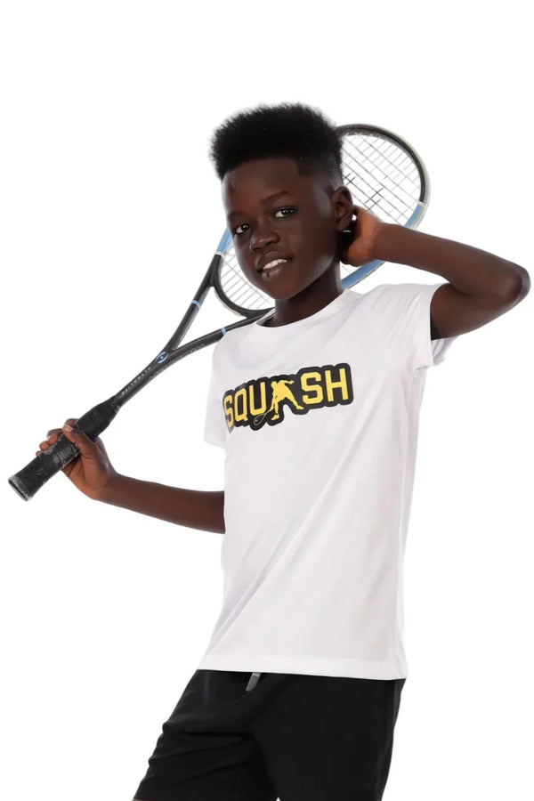 Person wearing a white tank top with 'SQUASH' printed on it, holding a squash racket.