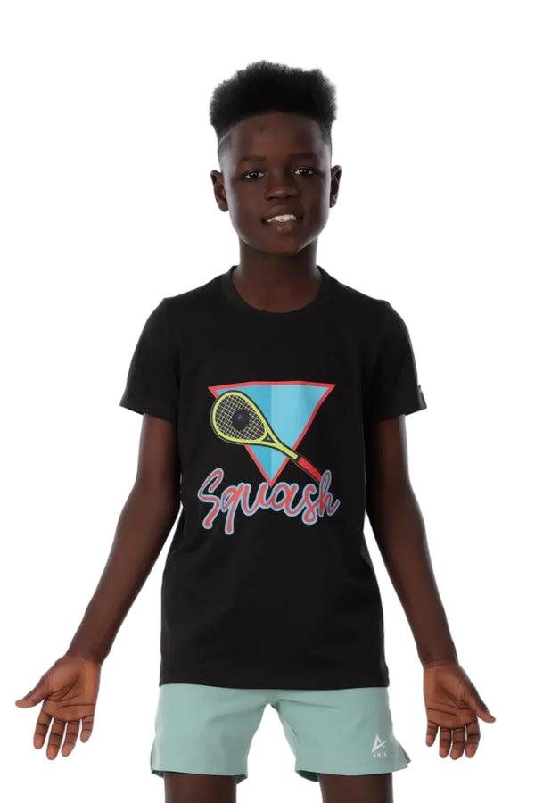 Child wearing a black t-shirt with a colorful graphic and 'Squash' text on a white background