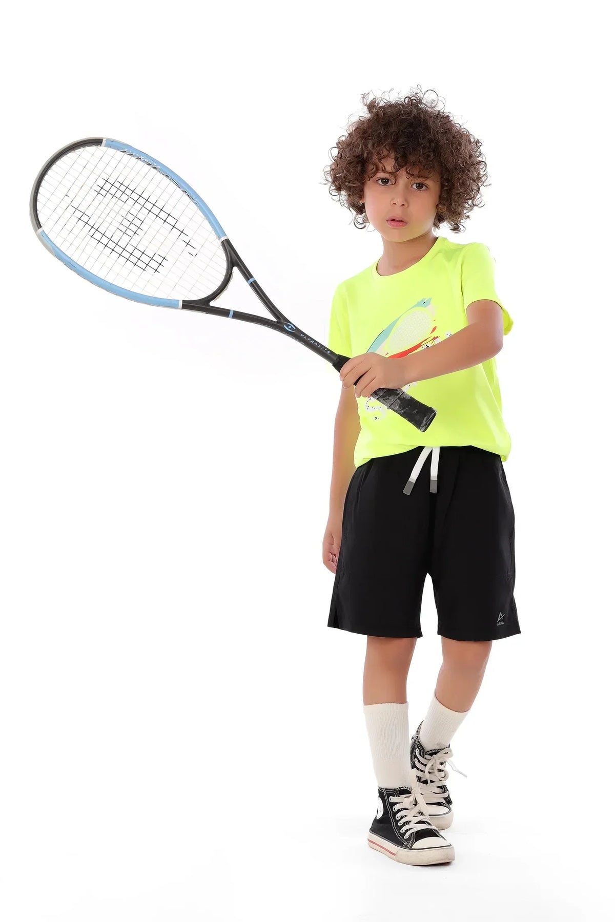 Boys Neon Yellow Squash Racket Splash T-Shirt â€“ Sporty Graphic Top | ANJA Sportswear