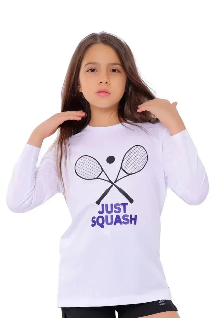 Girls White Squash Graphic T-Shirt â€“ Sporty Long Sleeve Top | ANJA Sportswear