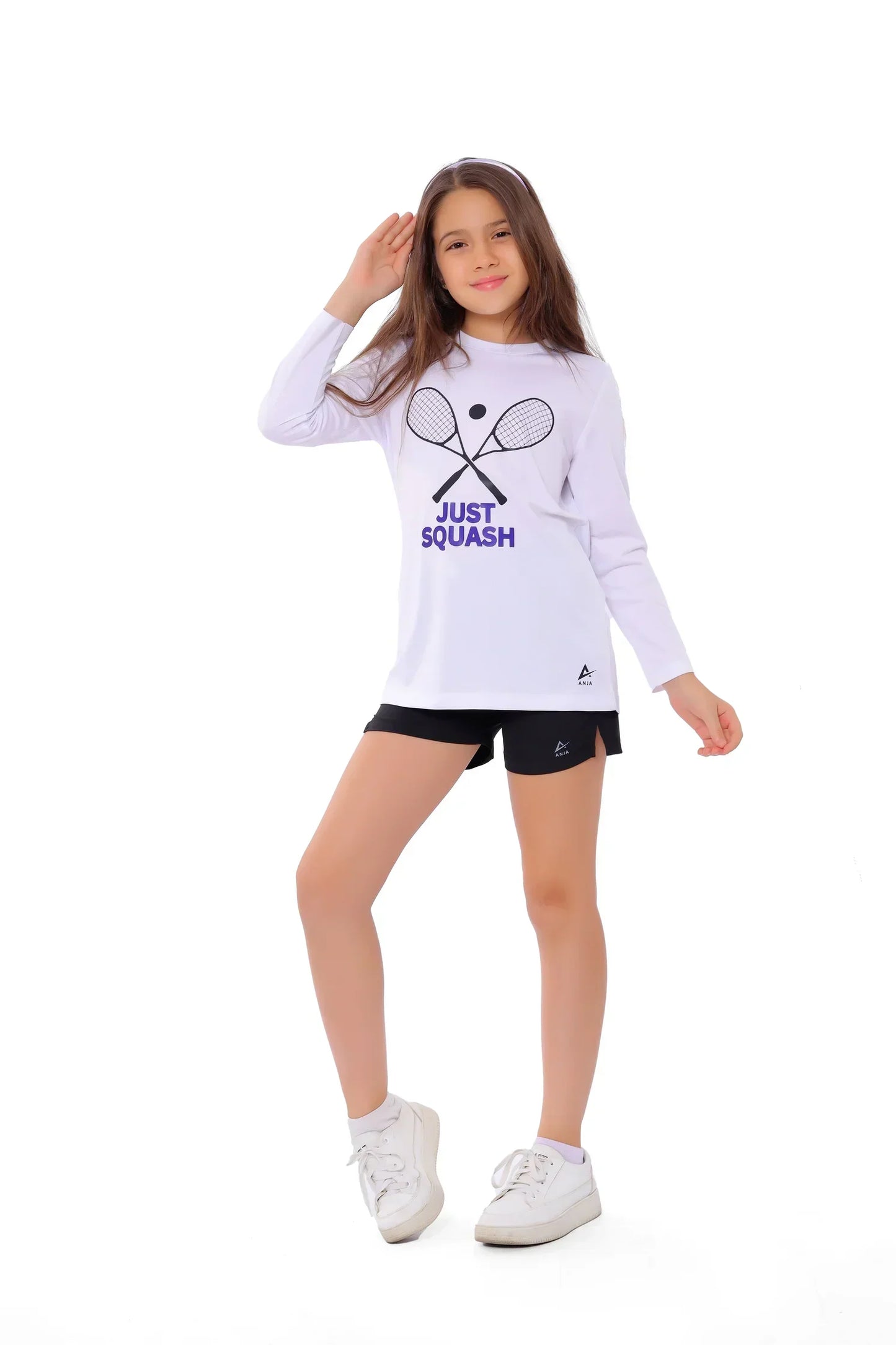 Girls White Squash Graphic T-Shirt â€“ Sporty Long Sleeve Top | ANJA Sportswear