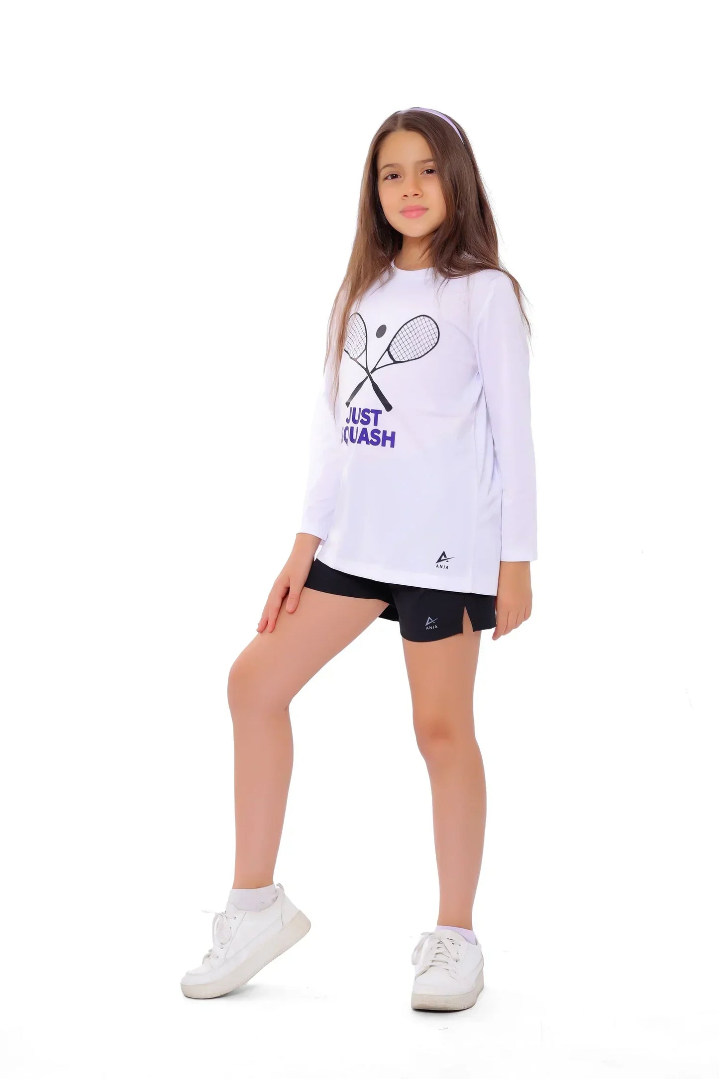 Girls White Squash Graphic T-Shirt â€“ Sporty Long Sleeve Top | ANJA Sportswear