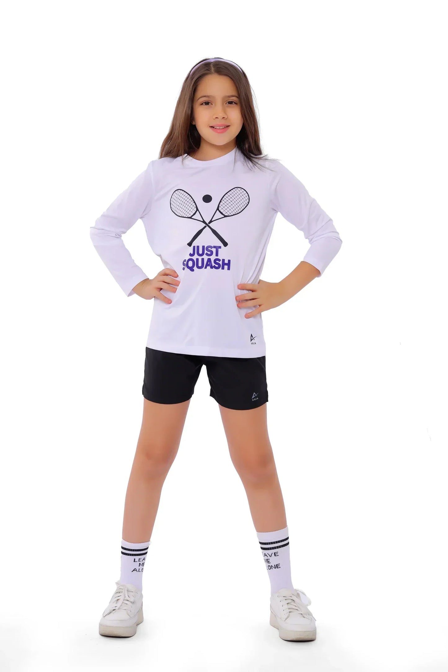 Girls White Squash Graphic T-Shirt â€“ Sporty Long Sleeve Top | ANJA Sportswear