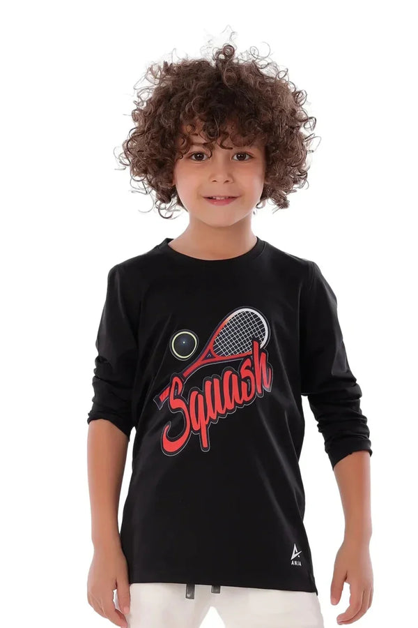 Child wearing a black long-sleeve shirt with 'Squash' design on a white background