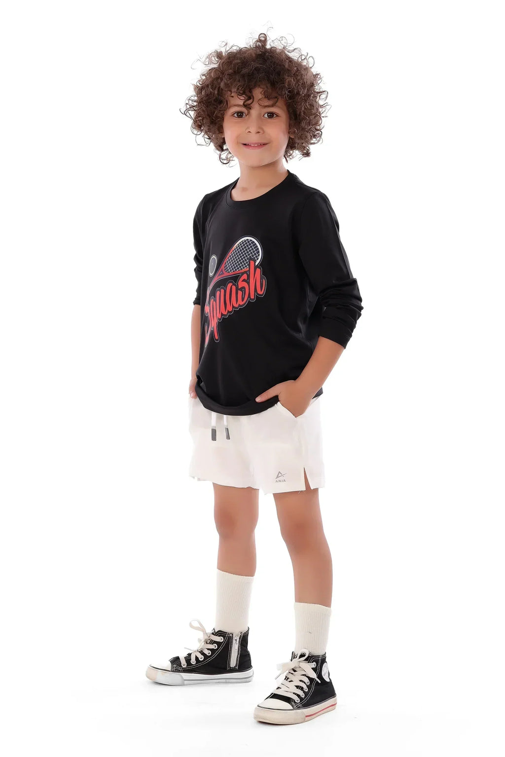 Boys Black Squash T-Shirt Sporty Long Sleeve Top | ANJA Sportswear