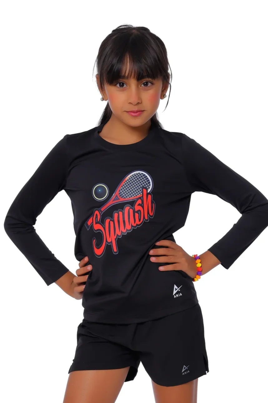 Girls Black Squash T-Shirt â€“ Sporty Long Sleeve Top | ANJA Sportswear