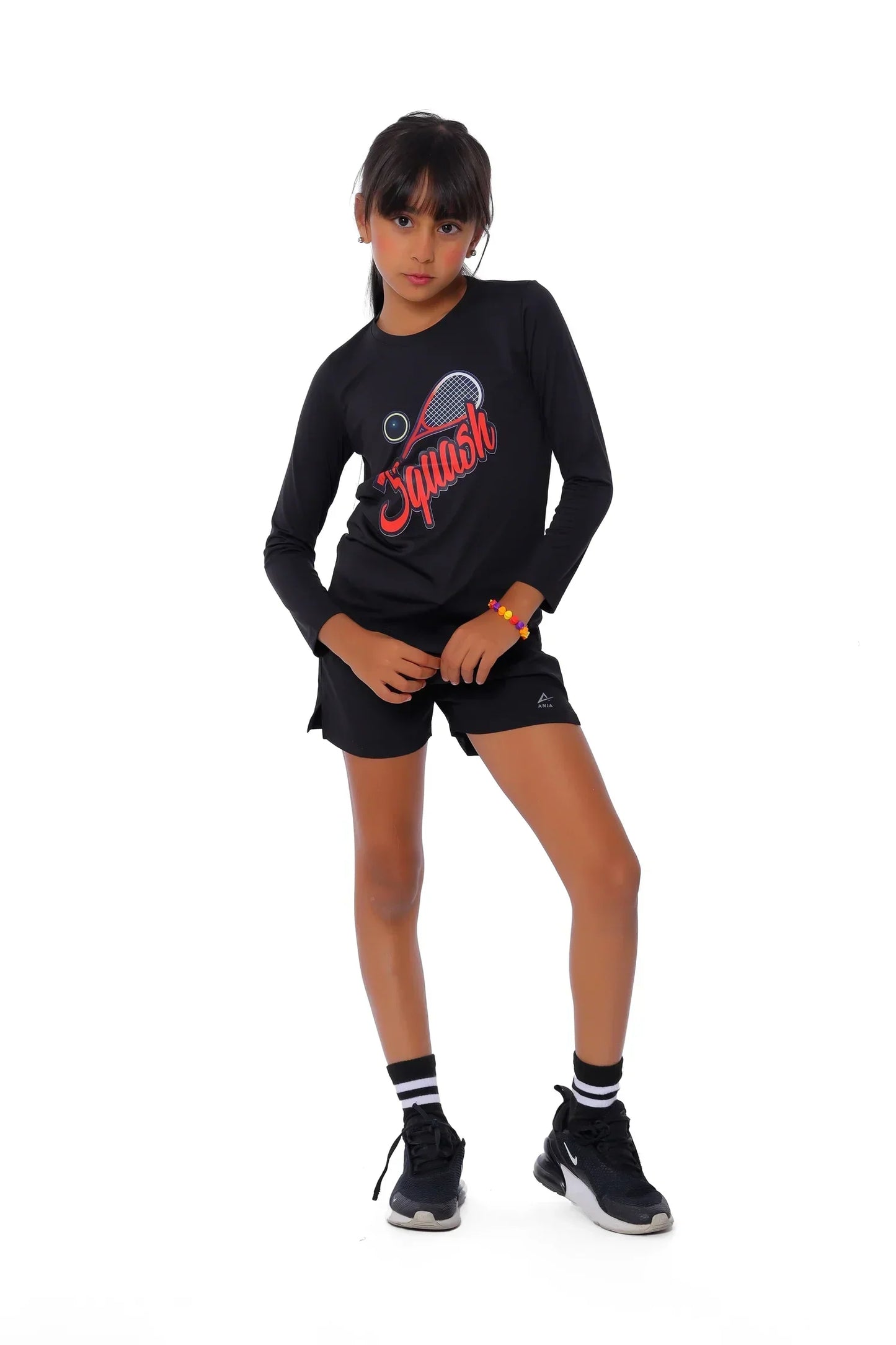Girls Black Squash T-Shirt â€“ Sporty Long Sleeve Top | ANJA Sportswear