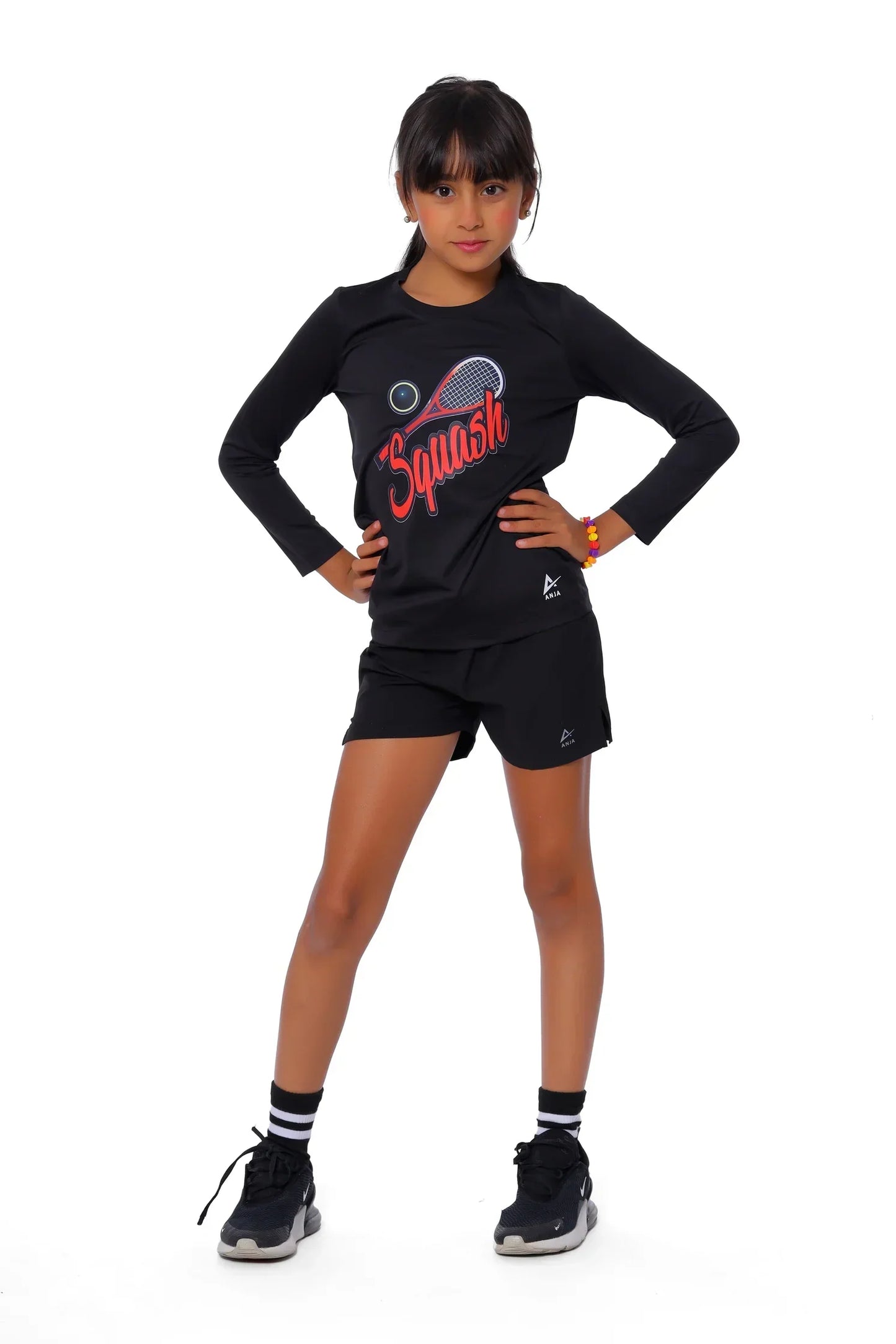 Girls Black Squash T-Shirt â€“ Sporty Long Sleeve Top | ANJA Sportswear