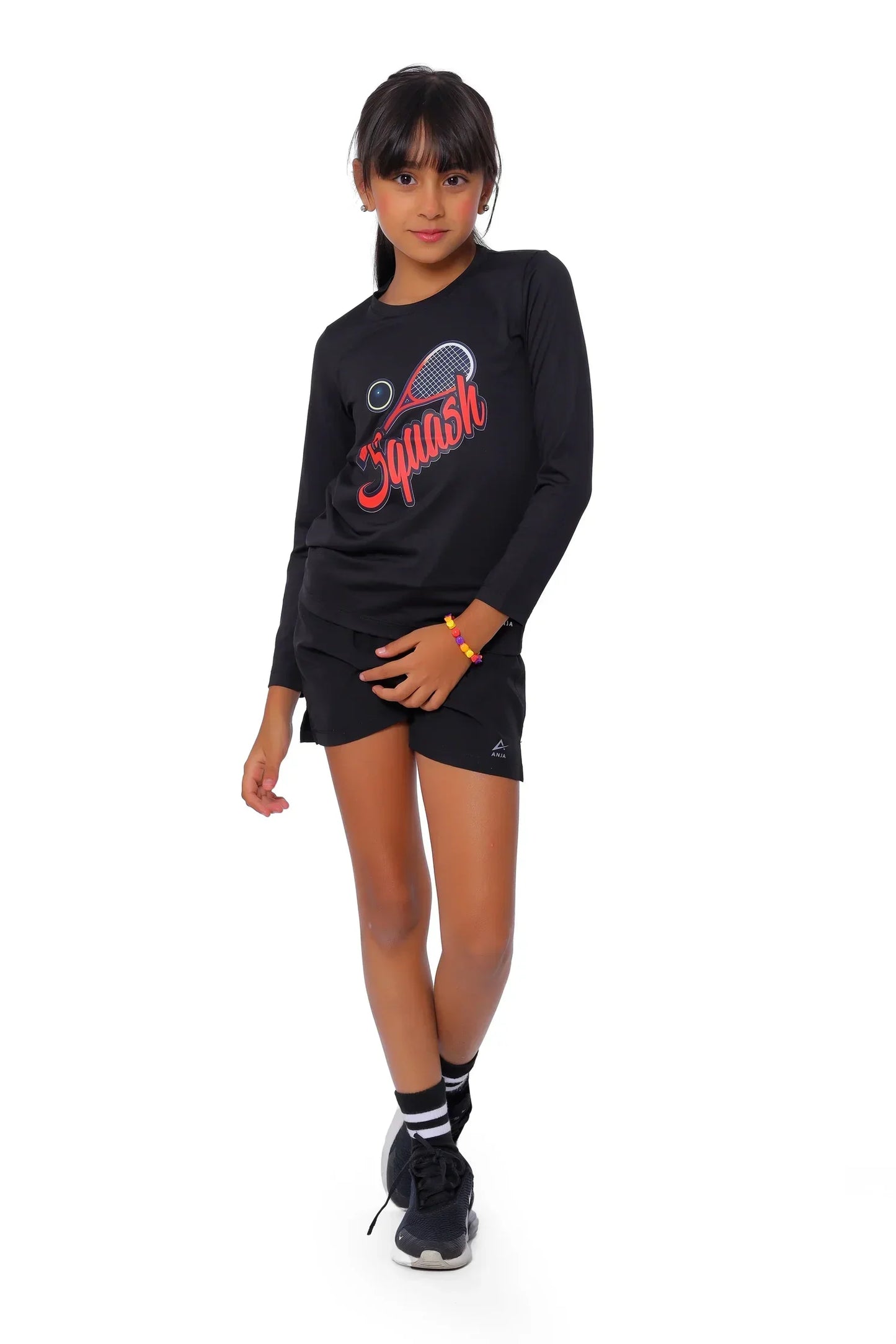 Girls Black Squash T-Shirt â€“ Sporty Long Sleeve Top | ANJA Sportswear