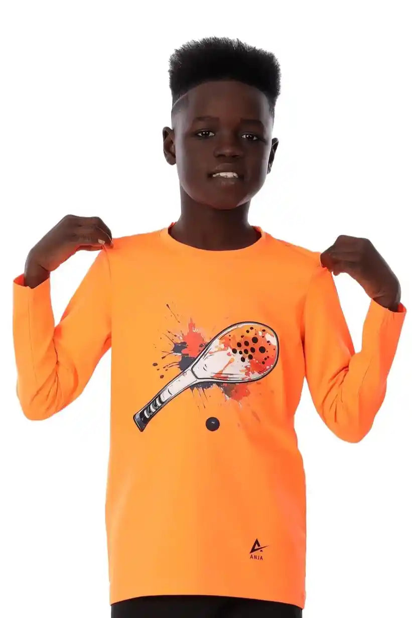 Boys Neon Orange Padel Racket Smash T-Shirt Sporty Long Sleeve Top | ANJA Sportswear